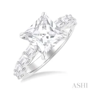 1 1/3 ctw Princess Shape Emerald and Round Cut Diamond Semi Mount Engagement Ring in 14K White Gold