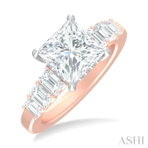 1 1/4 ctw Princess Shape Emerald and Round Cut Diamond Semi Mount Engagement Ring in 14K Rose and White Gold