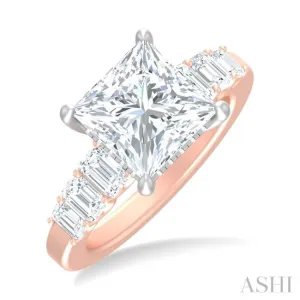 1 1/4 ctw Princess Shape Emerald and Round Cut Diamond Semi Mount Engagement Ring in 14K Rose and White Gold