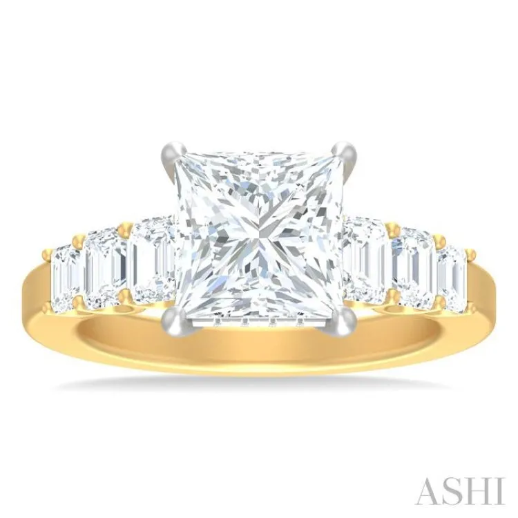 1 1/4 ctw Princess Shape Emerald and Round Cut Diamond Semi Mount Engagement Ring in 14K Yellow and White Gold
