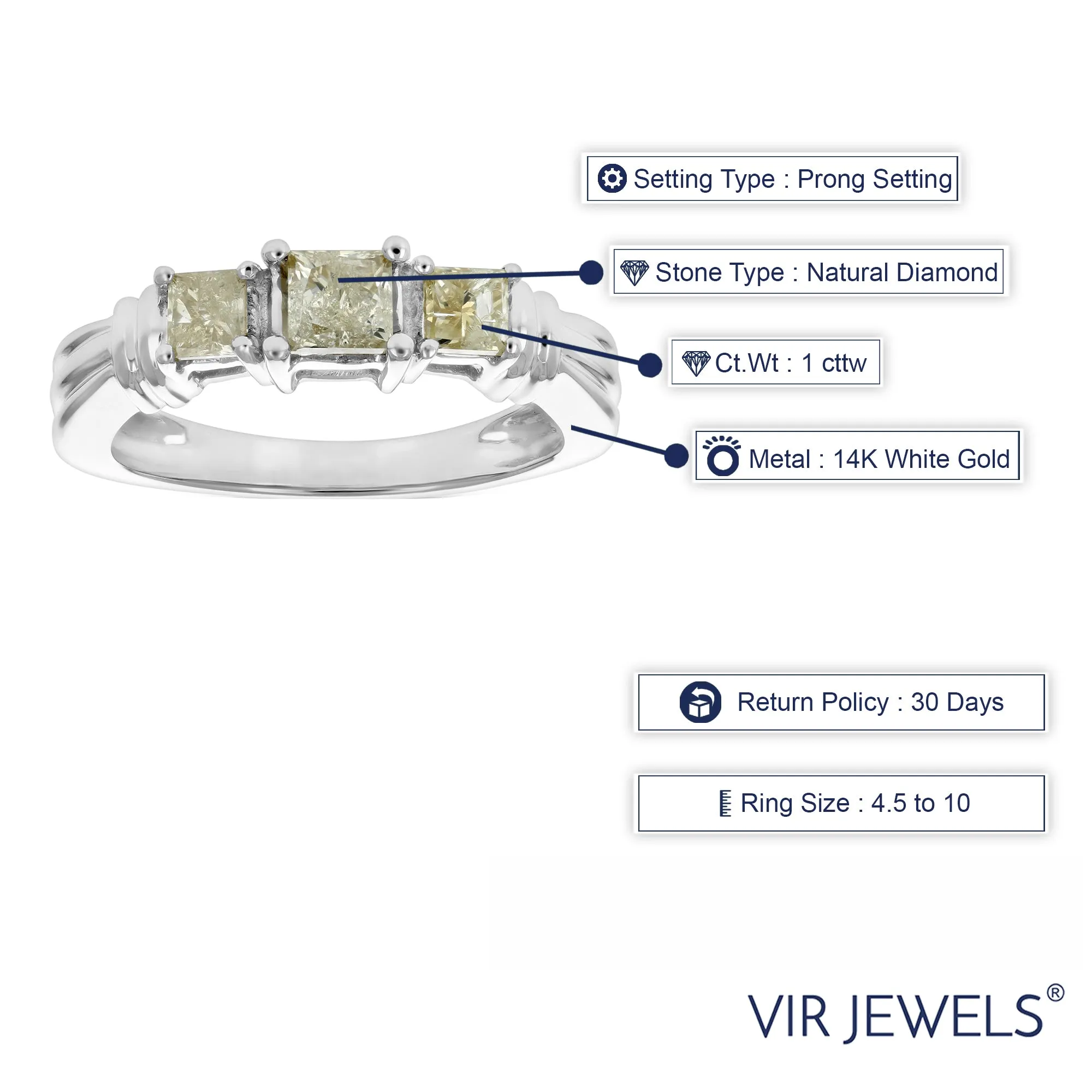 1 cttw Princess Cut Diamond 3 Stone Engagement Ring 14K White Gold Size 4