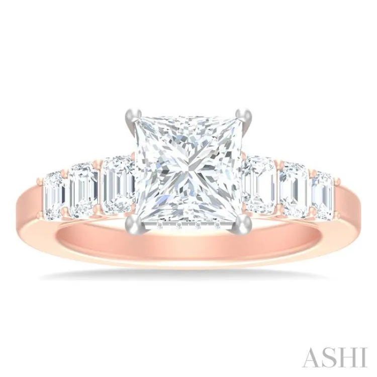 1 ctw Princess Shape Emerald and Round Cut Diamond Semi Mount Engagement Ring in 14K Rose and White Gold