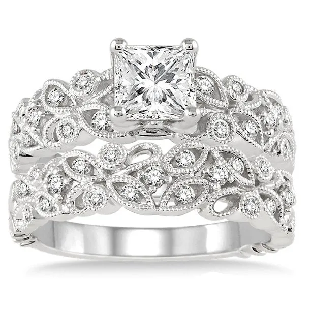 1.00 Carat Infinity Floral Antique Bridal set in Princess cut diamond in 10k white gold
