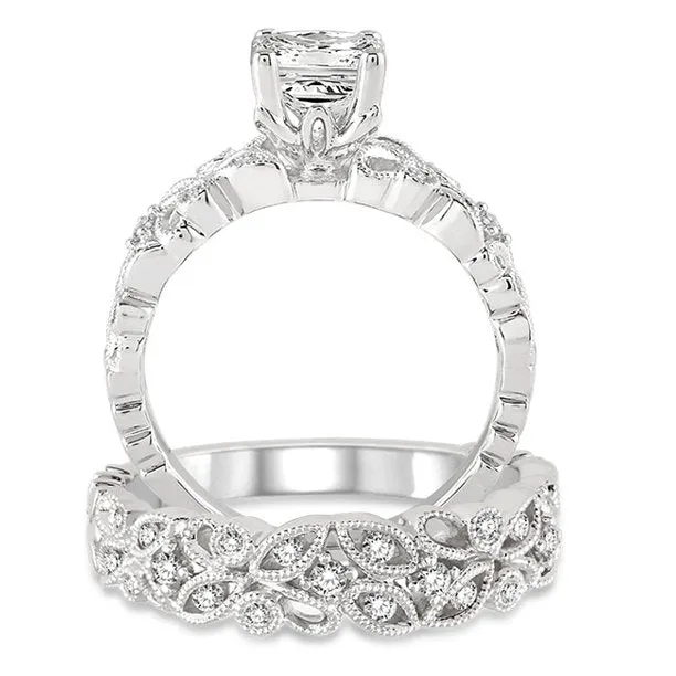 1.00 Carat Infinity Floral Antique Bridal set in Princess cut diamond in 10k white gold