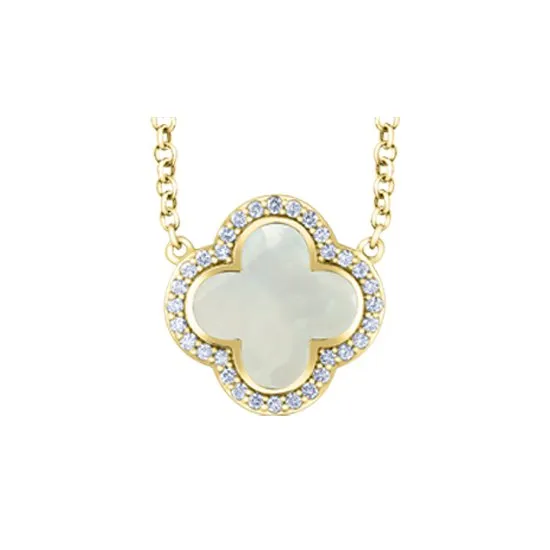 10K Yellow Gold Mother of Pearl and Diamond Clover Necklace