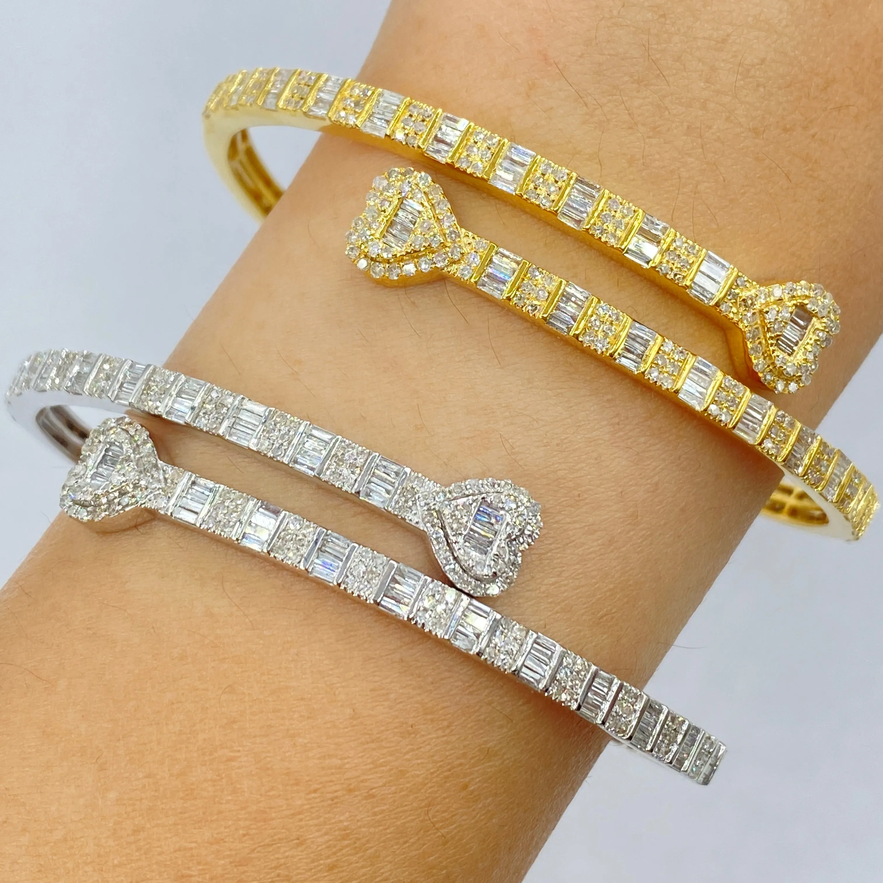 10K/14K Heart Diamond Baguette Bangle Bracelet