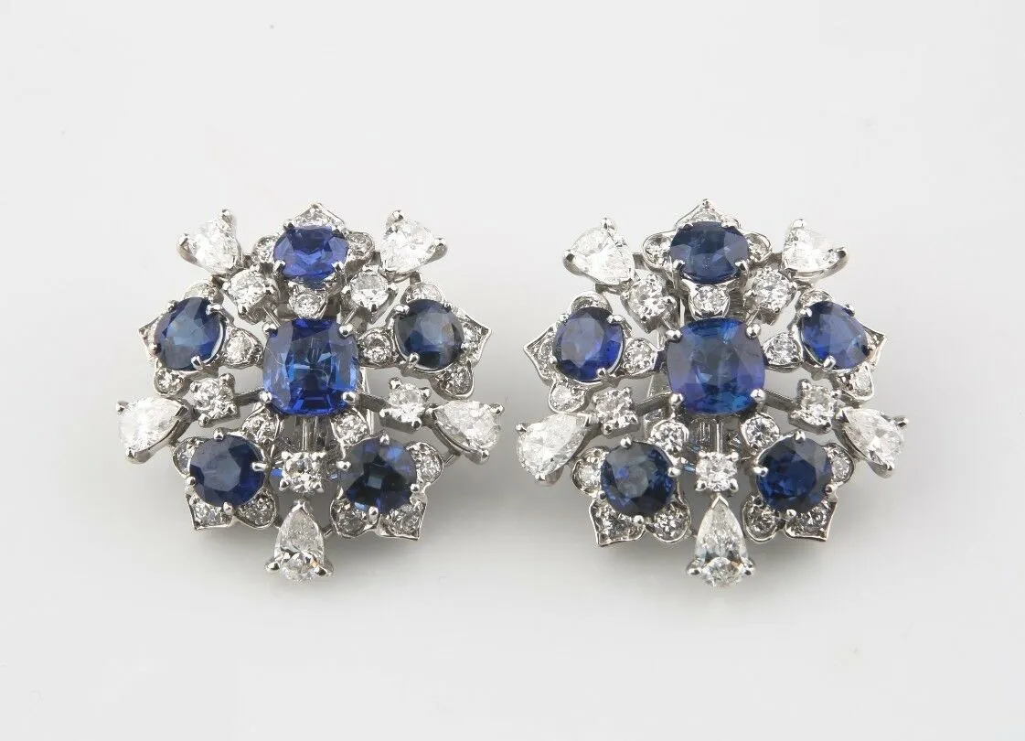 11.60 carat Blue Sapphire and Diamond 18k White Gold Cluster Earrings