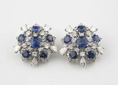 11.60 carat Blue Sapphire and Diamond 18k White Gold Cluster Earrings