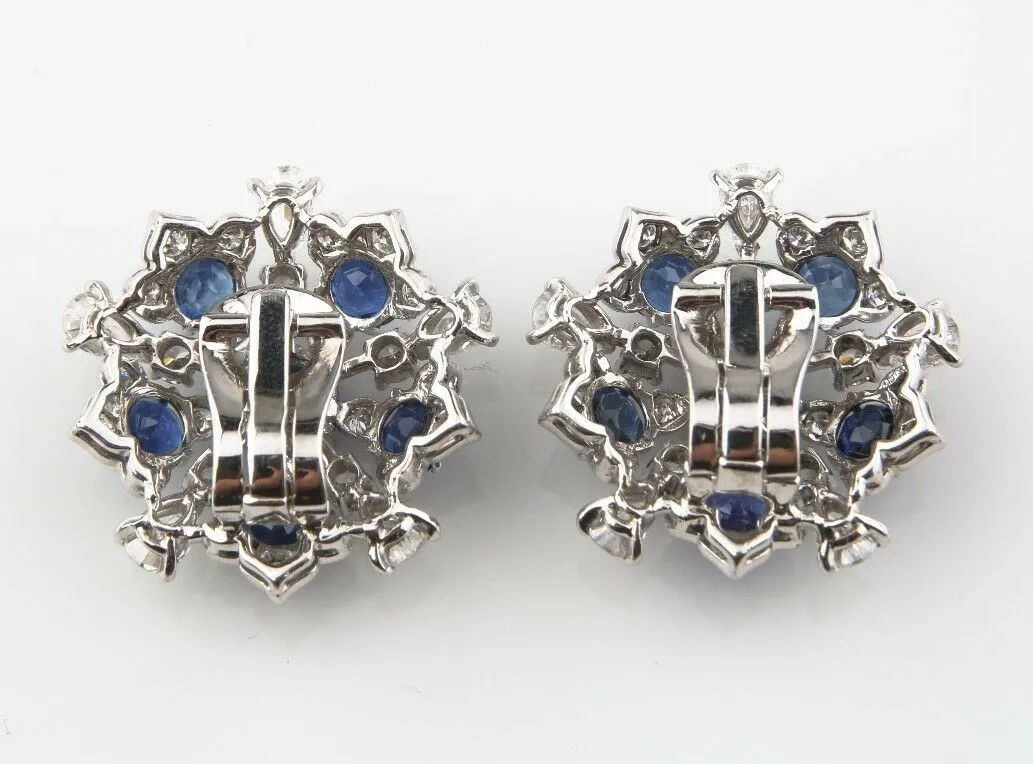 11.60 carat Blue Sapphire and Diamond 18k White Gold Cluster Earrings
