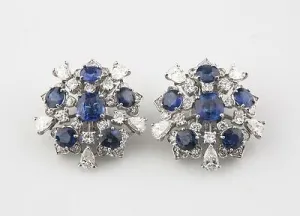 11.60 carat Blue Sapphire and Diamond 18k White Gold Cluster Earrings
