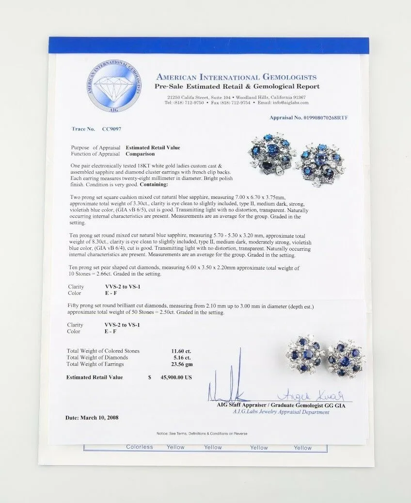 11.60 carat Blue Sapphire and Diamond 18k White Gold Cluster Earrings