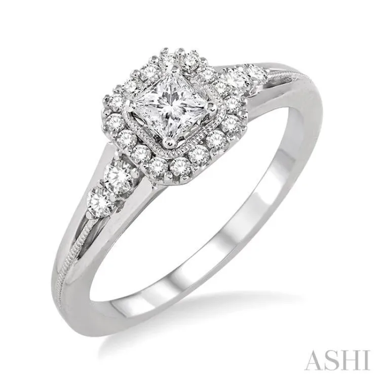 1/2 ctw Diamond Engagement Ring with 1/4 ct Princess Cut Center Stone in 14K White Gold