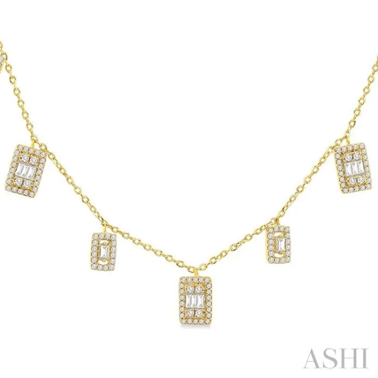 1/2 ctw Rectangular Shaped Danglers Fusion Baguette and Round Cut Diamond Station Necklace in 10K Yellow Gold