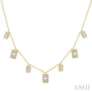1/2 ctw Rectangular Shaped Danglers Fusion Baguette and Round Cut Diamond Station Necklace in 10K Yellow Gold