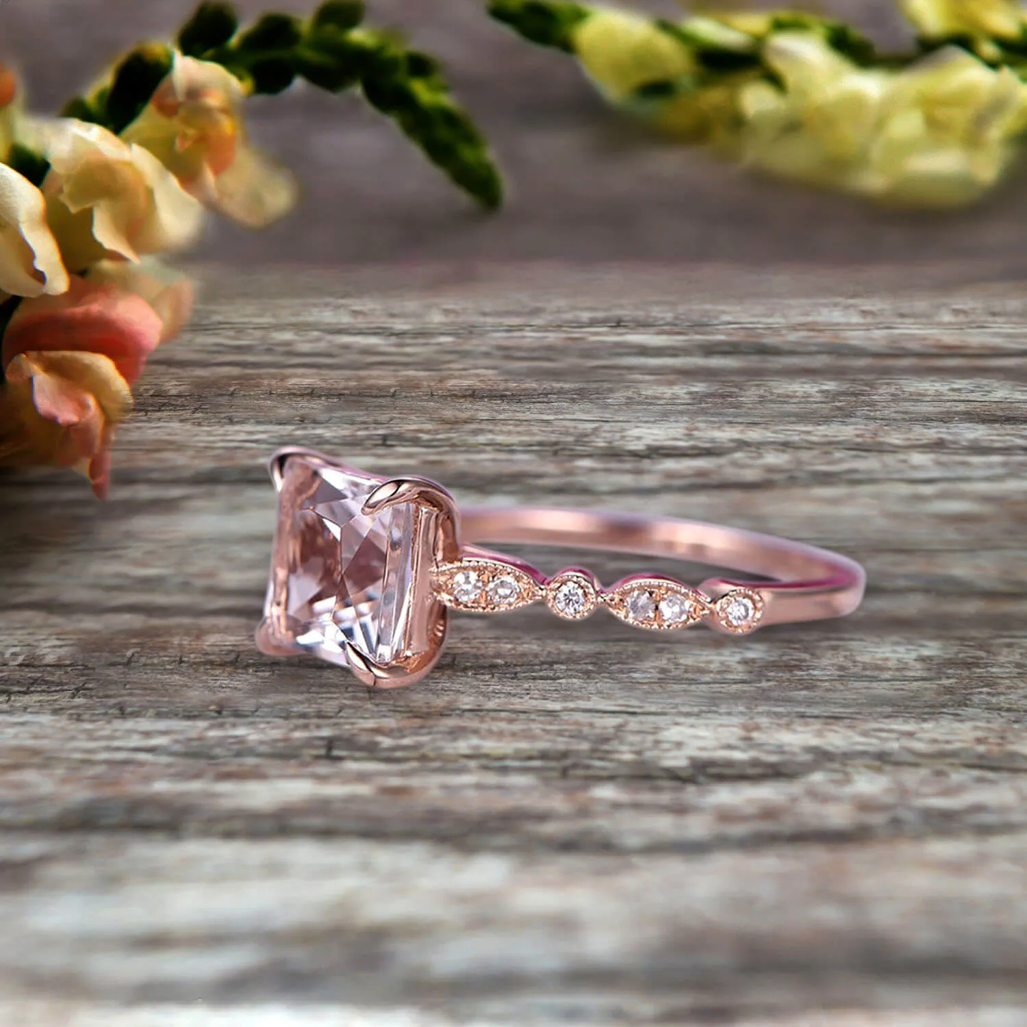 1.25 Carat 6mm Princess Cut Pink Morganite Engagement Ring Moissanite Diamond in 10k Rose Gold Art Deco