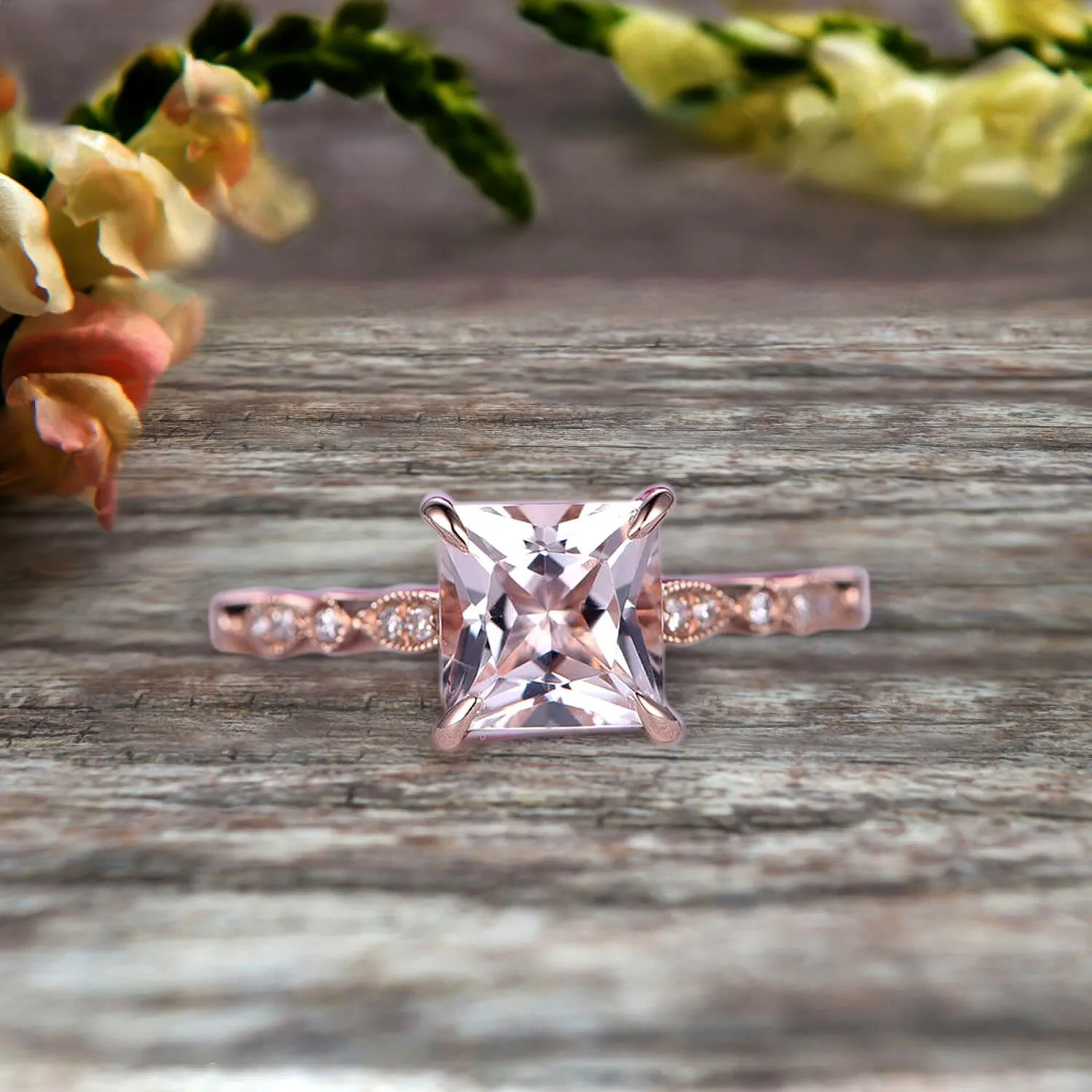 1.25 Carat 6mm Princess Cut Pink Morganite Engagement Ring Moissanite Diamond in 10k Rose Gold Art Deco