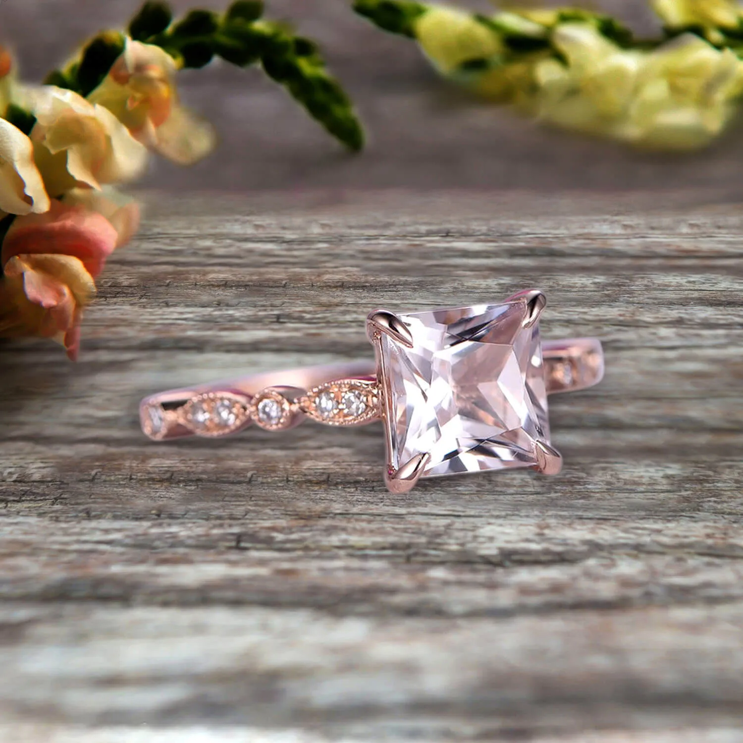 1.25 Carat 6mm Princess Cut Pink Morganite Engagement Ring Moissanite Diamond in 10k Rose Gold Art Deco