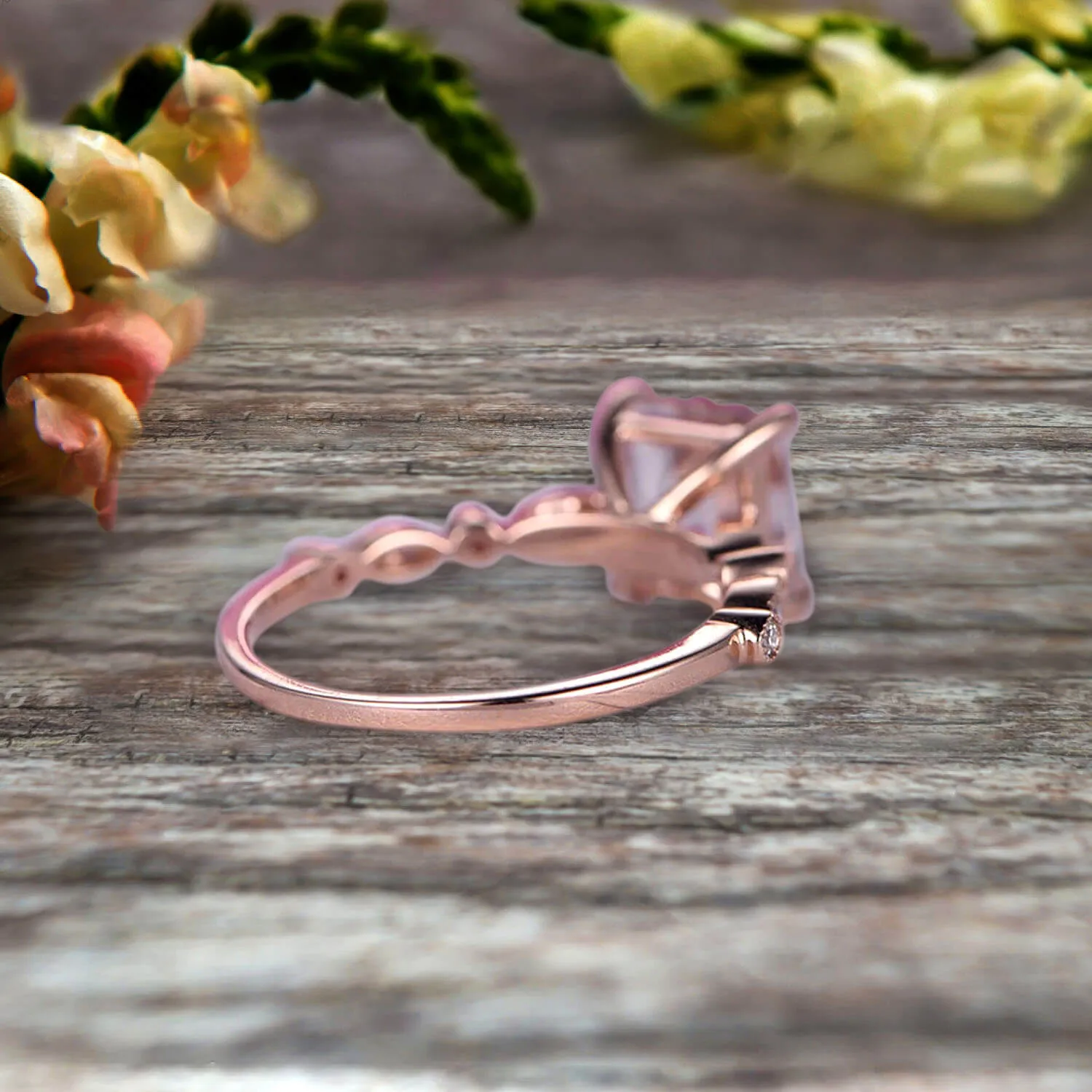 1.25 Carat 6mm Princess Cut Pink Morganite Engagement Ring Moissanite Diamond in 10k Rose Gold Art Deco