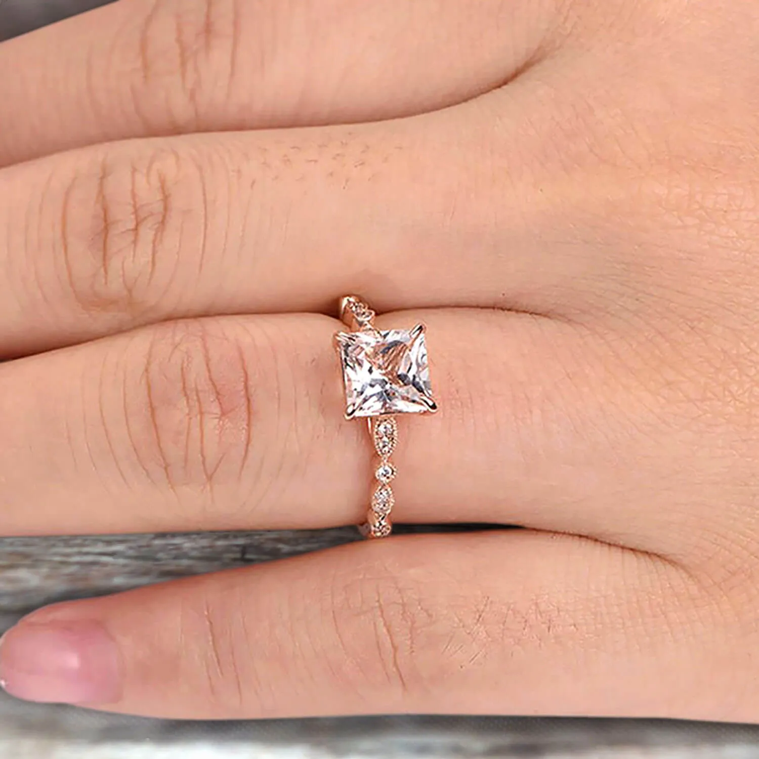 1.25 Carat 6mm Princess Cut Pink Morganite Engagement Ring Moissanite Diamond in 10k Rose Gold Art Deco