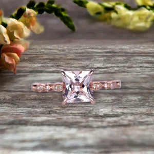 1.25 Carat 6mm Princess Cut Pink Morganite Engagement Ring Moissanite Diamond in 10k Rose Gold Art Deco