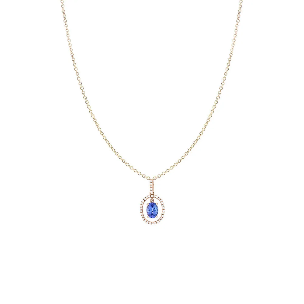 14 Karat Rose Gold Oval Tanzanite Pendant with White Diamond Halo