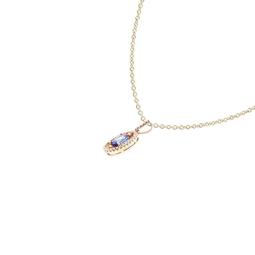 14 Karat Rose Gold Oval Tanzanite Pendant with White Diamond Halo
