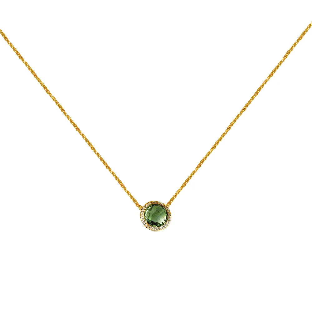 14 Karat Two-Tone Halo Necklace With A Green Amethyst And Diamonds
