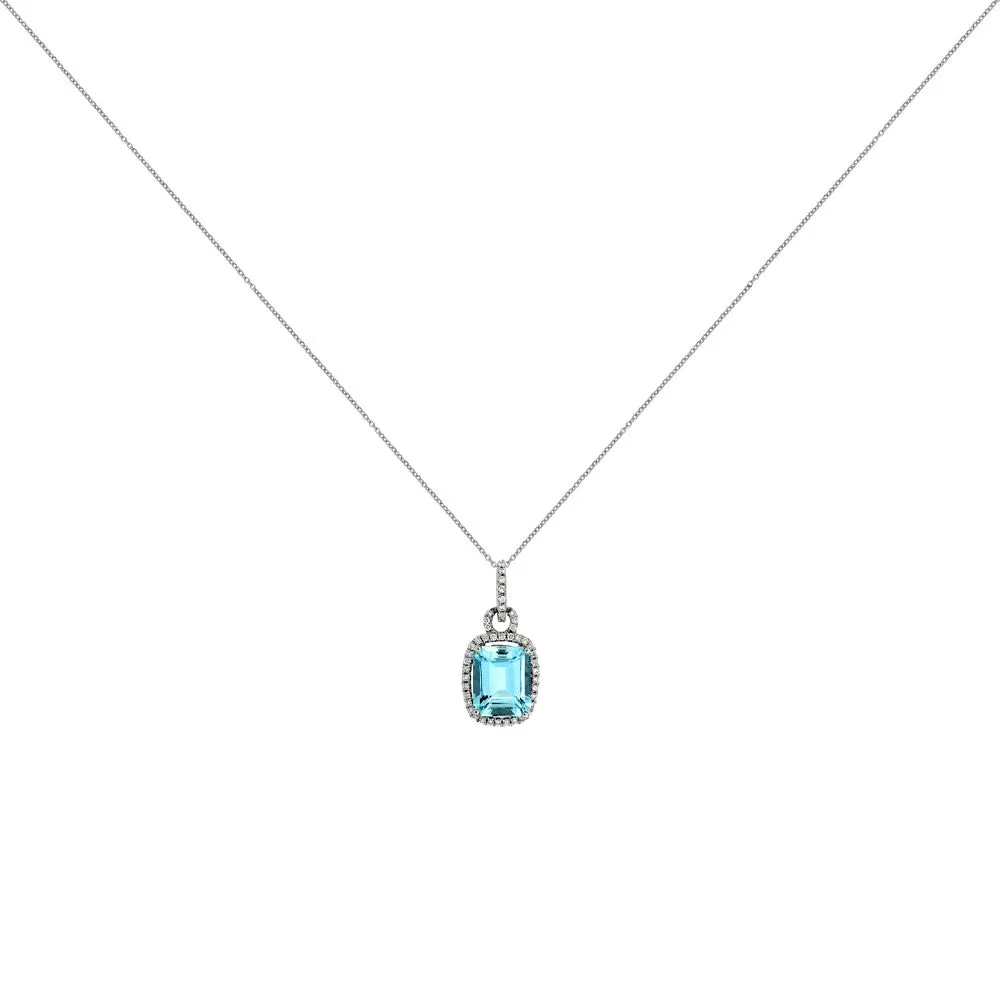 14 Karat White Gold Halo Necklace With A Aquamarine & Diamonds