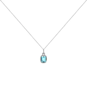 14 Karat White Gold Halo Necklace With A Aquamarine & Diamonds