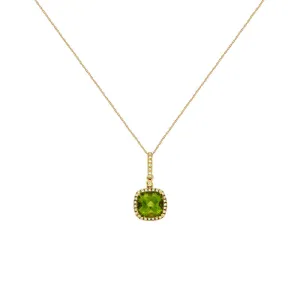 14 Karat Yellow Gold Halo & Drop Necklace With Peridot And Diamonds