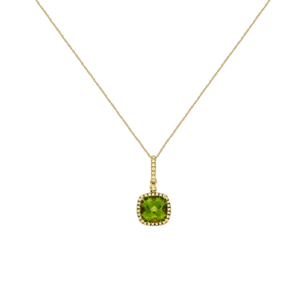 14 Karat Yellow Gold Halo & Drop Necklace With Peridot And Diamonds
