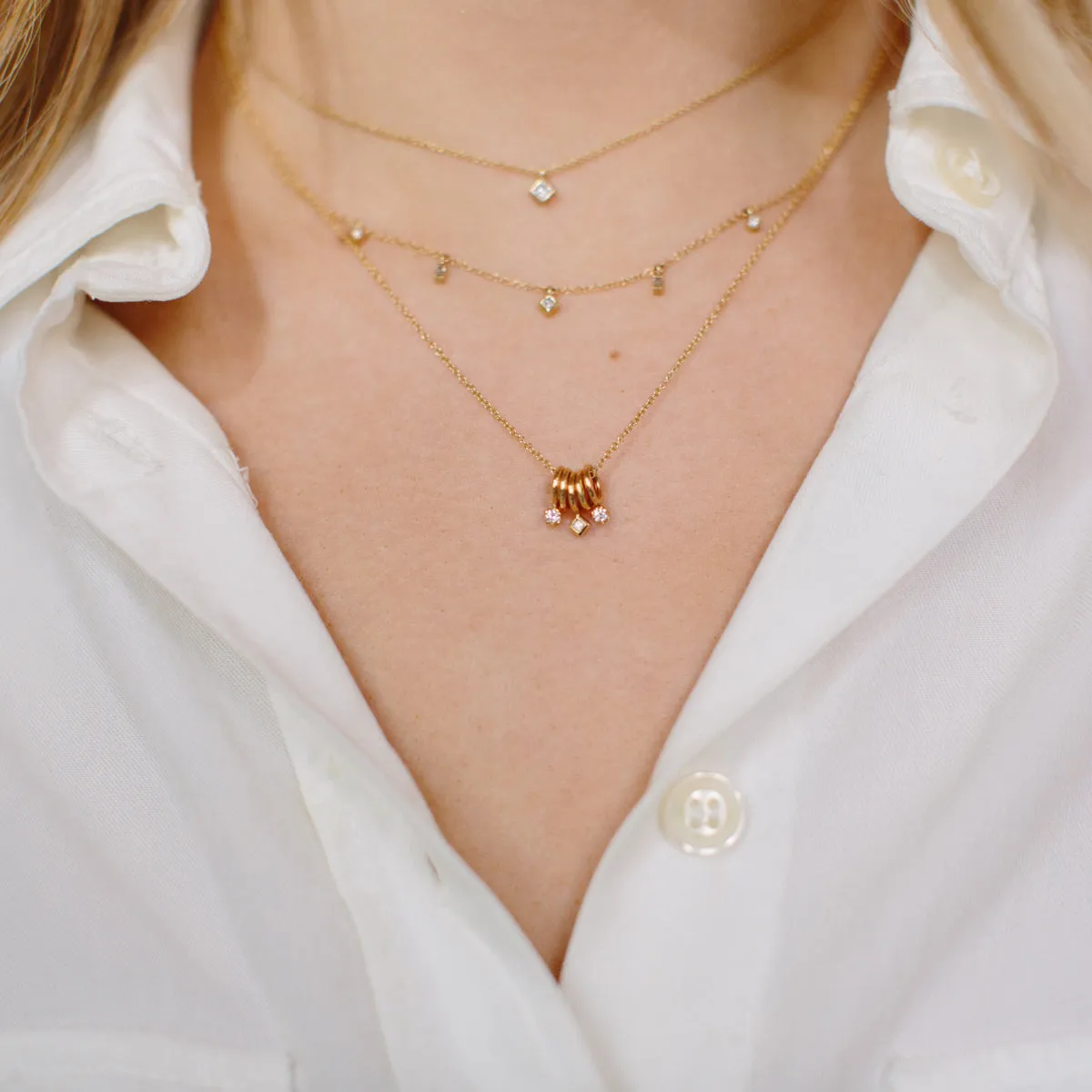 14k 5 Tiny Rings Necklace with Mixed Diamonds - SALE