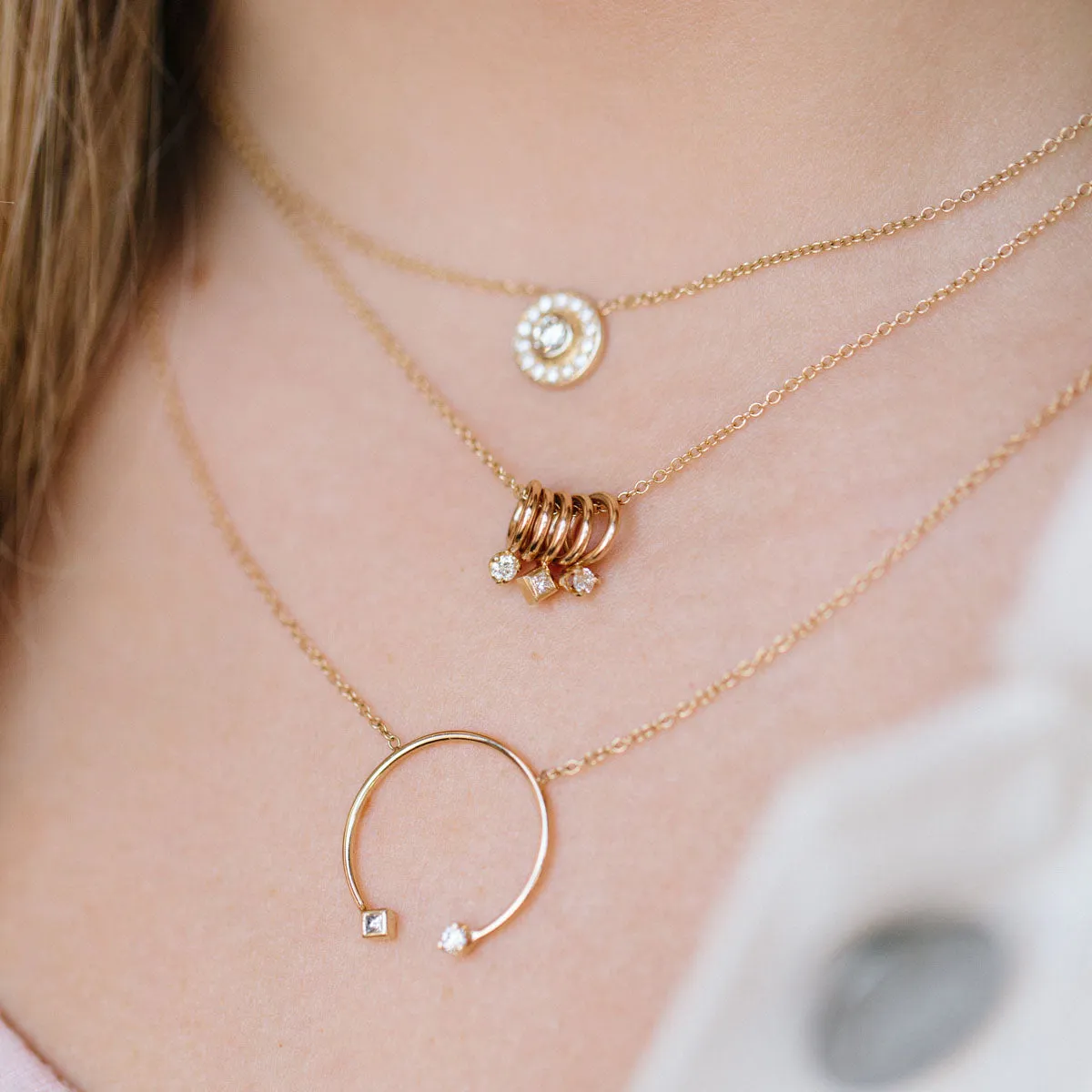 14k 5 Tiny Rings Necklace with Mixed Diamonds - SALE