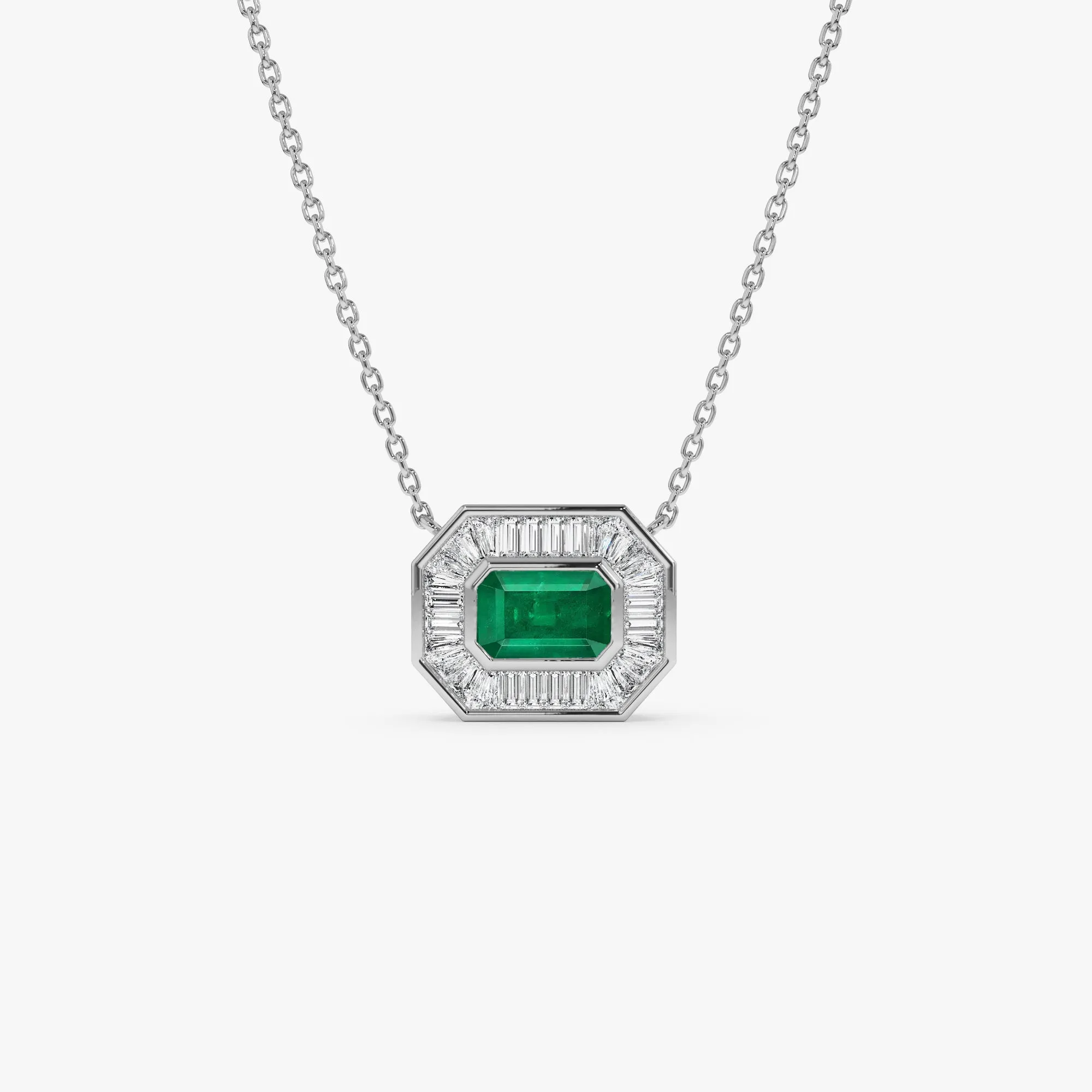 14k Baguette Halo Emerald Necklace