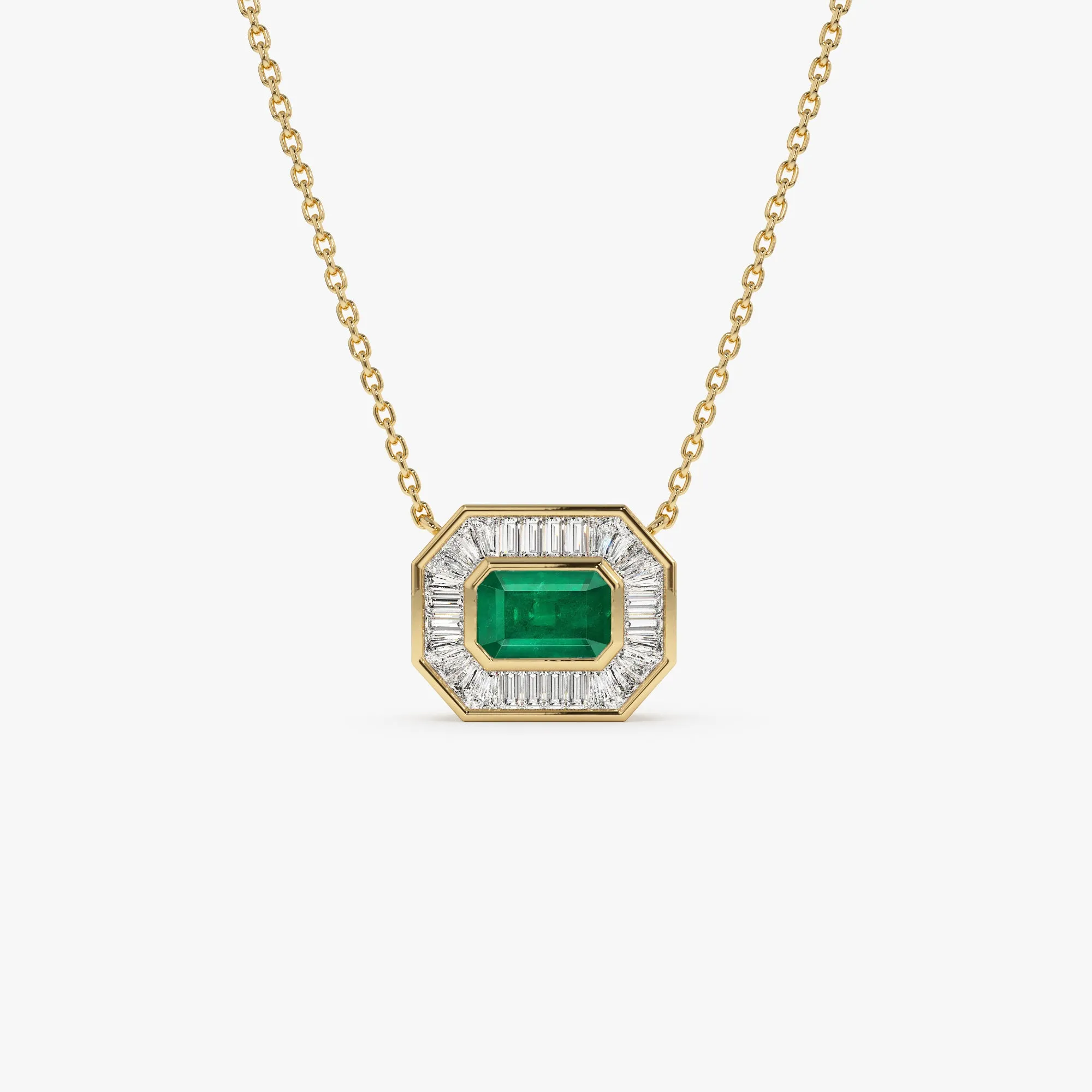 14k Baguette Halo Emerald Necklace