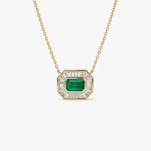 14k Baguette Halo Emerald Necklace