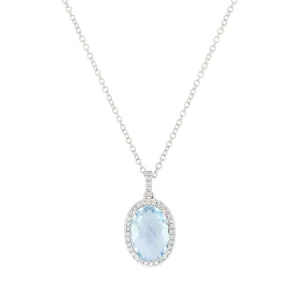 14K Gold 2.40 Carat Oval Blue Topaz Diamond Halo Pendant Necklace