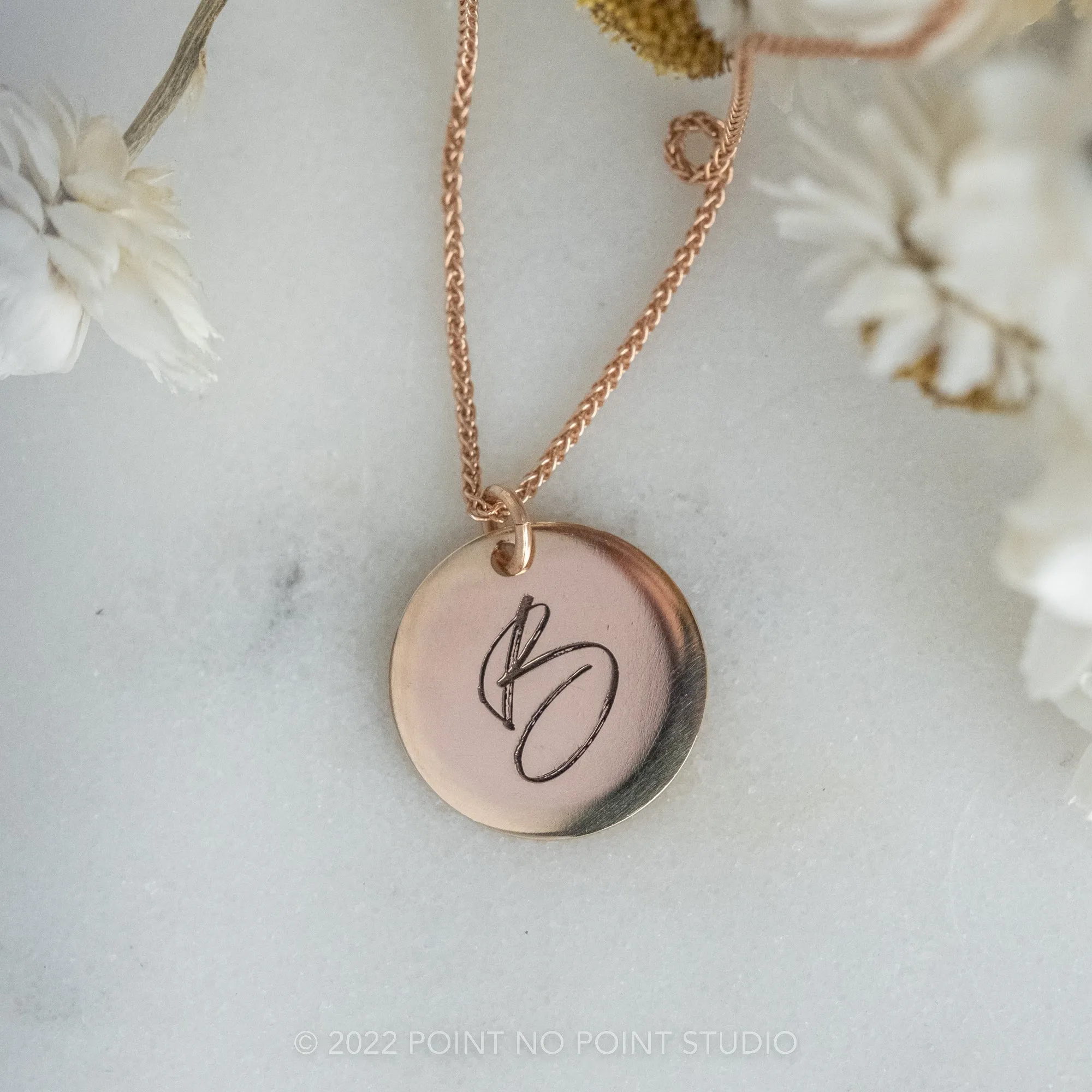 14k Gold Engraved Phoenix Single Initial Large Round Charm