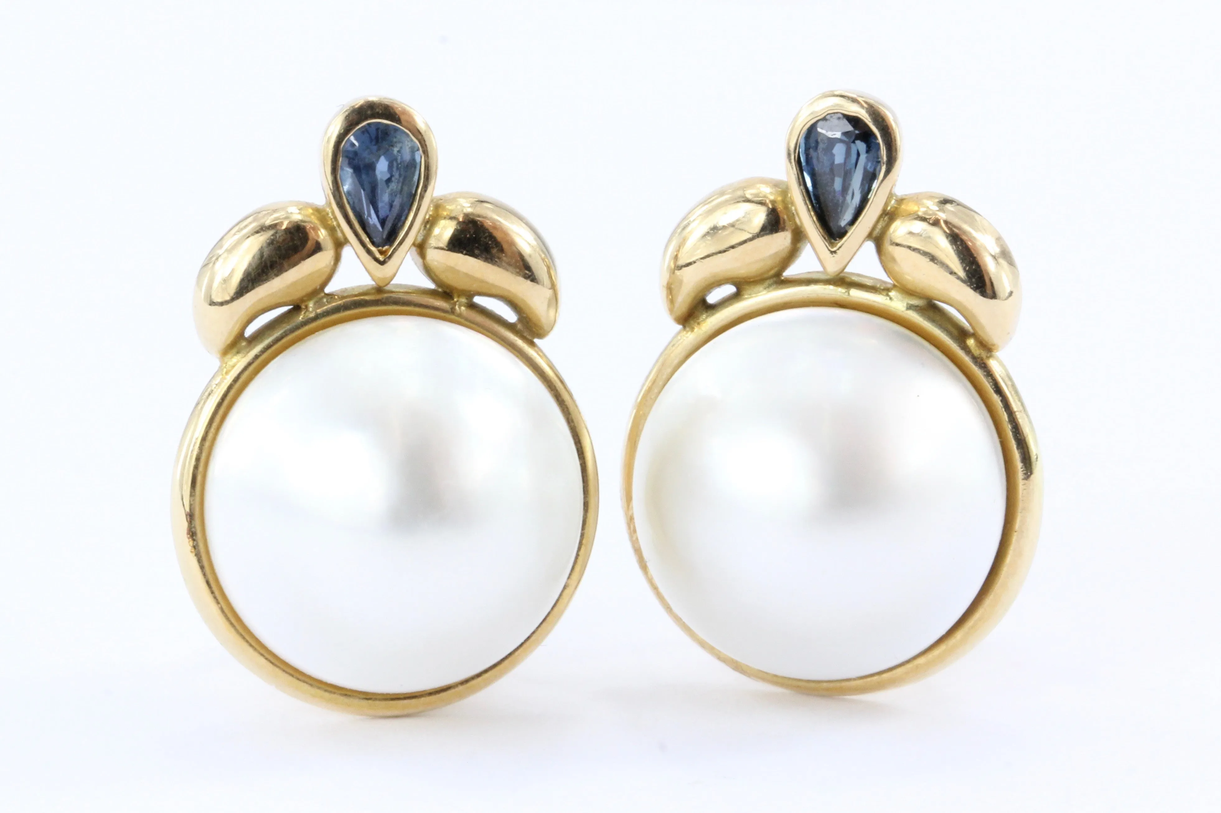 14K Gold Sapphire & 13.5 mm Mabe Pearl Earrings