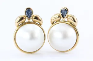 14K Gold Sapphire & 13.5 mm Mabe Pearl Earrings