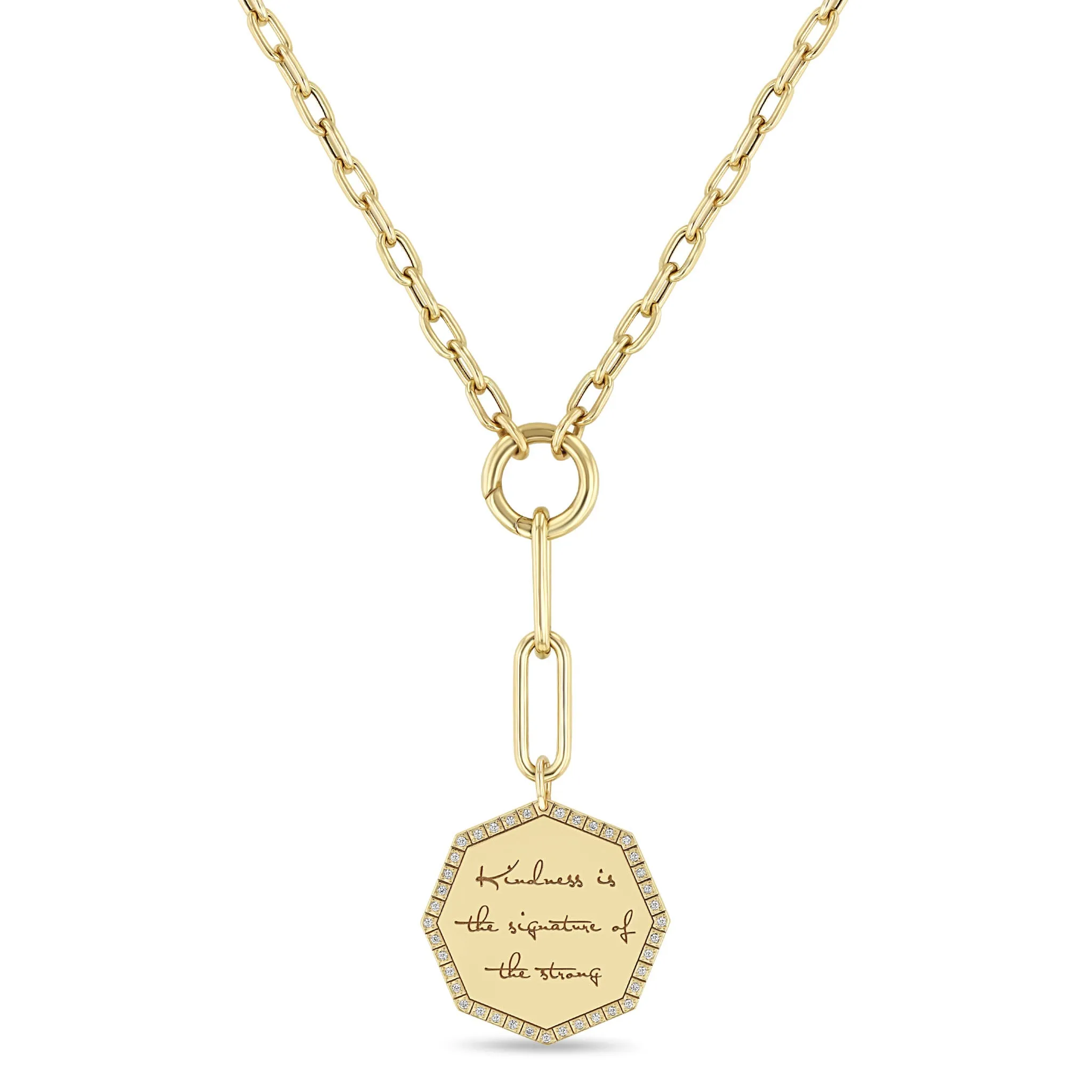 14k Large "Kindness is the signature of the strong" Diamond Octagon Mantra Mixed Chain Lariat