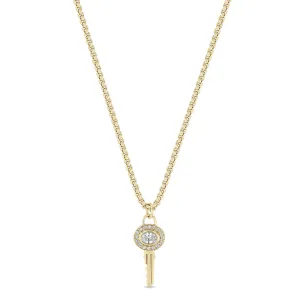 14k Oval Diamond Halo Key Pendant Necklace