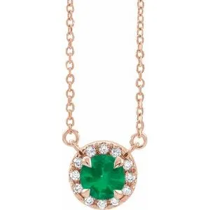 14K Rose 5.5 mm Lab-Grown Emerald 1/10 CTW Natural Diamond 16" Necklace