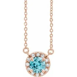 14K Rose 6 mm Natural Blue Zircon & 1/6 CTW Natural Diamond 16" Necklace