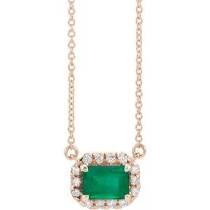 14K Rose 6x4 mm Emerald Chatham® Lab-Created Emerald & 1/5 CTW Diamond 18" Necklace