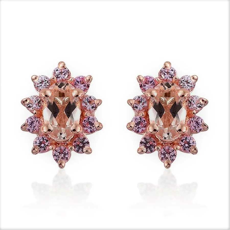 14K Rose Gold Sterling Silver MORGANITE & PINK SAPPHIRE Stud Earrings