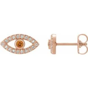 14K Rose Natural Citrine & Natural White Sapphire Evil Eye Earrings