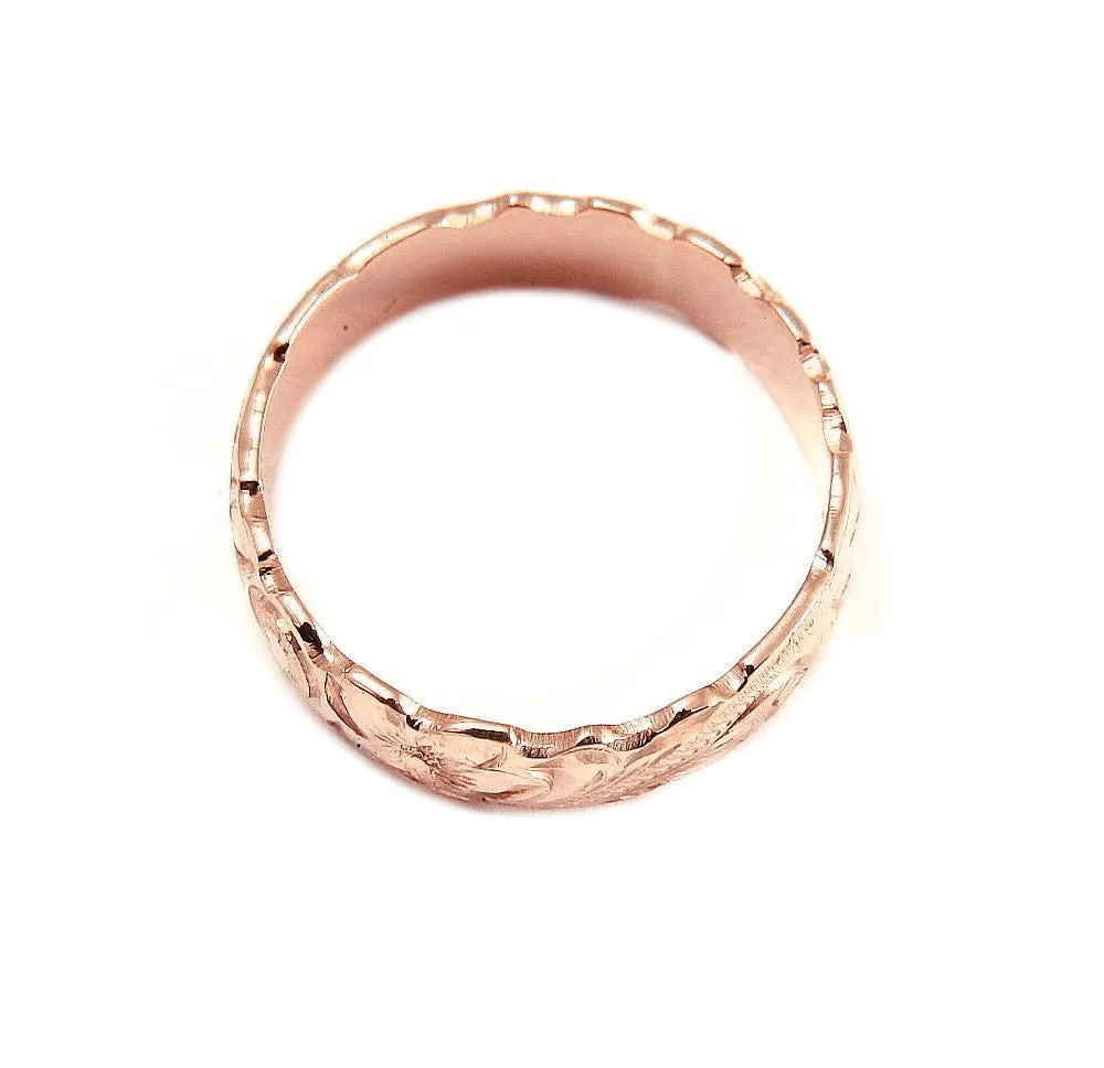 14K ROSE PINK GOLD HAND ENGRAVED HAWAIIAN PLUMERIA SCROLL BAND RING CUT OUT 6MM