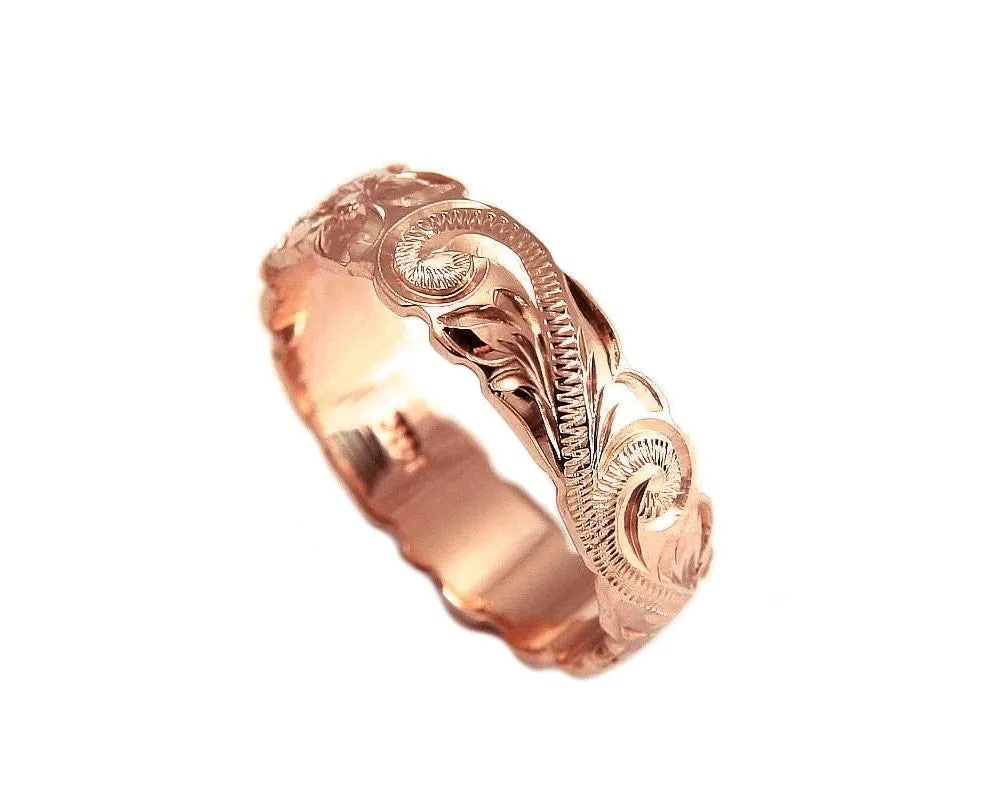 14K ROSE PINK GOLD HAND ENGRAVED HAWAIIAN PLUMERIA SCROLL BAND RING CUT OUT 6MM