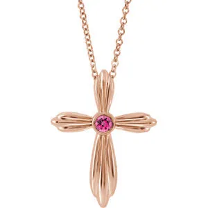 14K Rose Pink Tourmaline Cross 16-18" Necklace